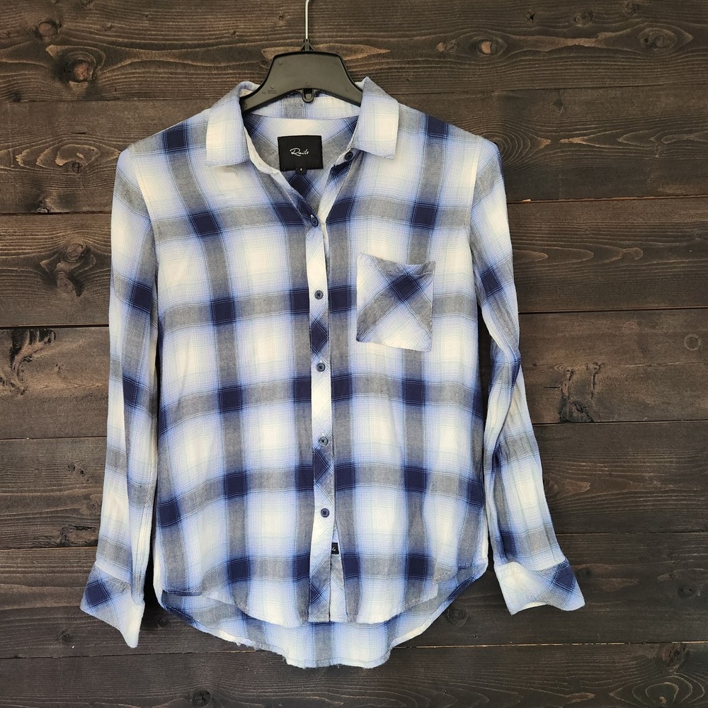 Rails Hunter Plaid Button Down Shirt Blue White Rayon Long Sleeve Women Small
